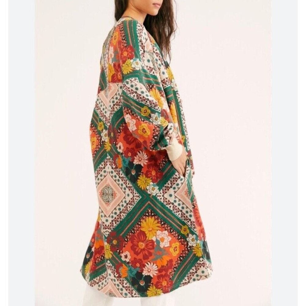 FREE PEOPLE Red Eye Printed Cardi Kimono M/L Boho Oversized Open Front Cotton